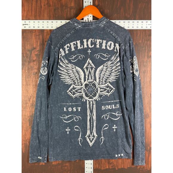 Affliction Long Sleeve Button Shirt Vintage Y2K Goth Grunge Cross Emo Mens Large - Picture 2 of 12